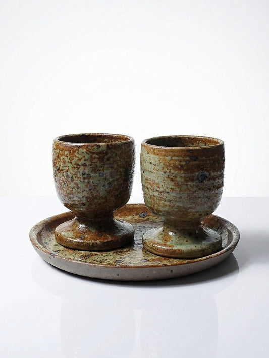 Vintage Kaffeeservice mit 2 Tassen und Tablett im Stil Baudat für La Borne, Pyritsteinzeug