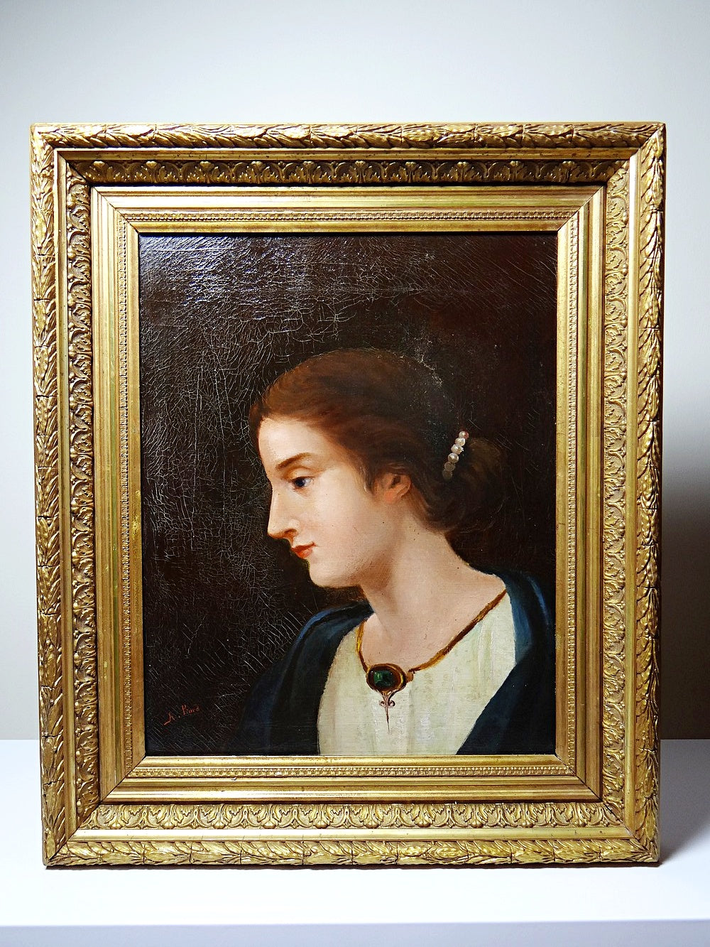 Vintage Porträt „Junge Frau im Profil“ von A. Piard GrünDekoration