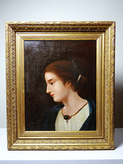 Vintage Porträt „Junge Frau im Profil“ von A. Piard GrünDekoration