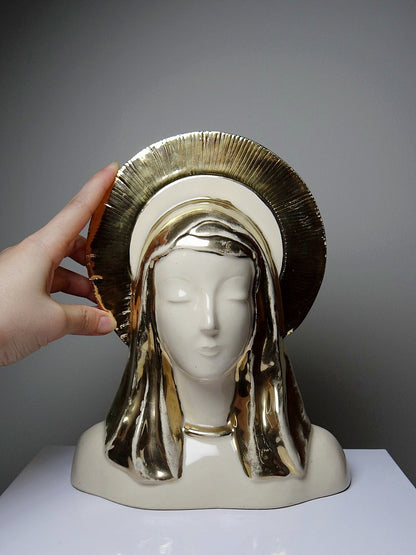 Vintage Büste Madonna mit Heiligenschein aus Keramik, emailliert, Weiß Creme Gold