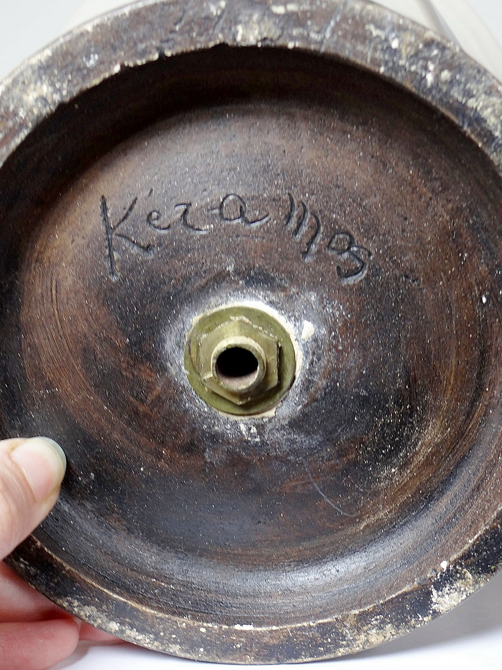 Vintage Lampe Keramos von René Hénon für Keramos Sèvres Raku beige braun grau