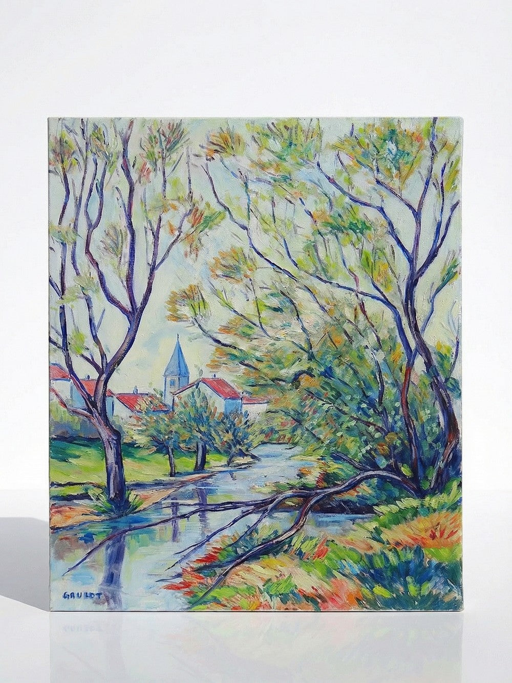 Vintage Gemälde Dorflandschaft von Jacques Gaulot mehrfarbig grün blau braun orange