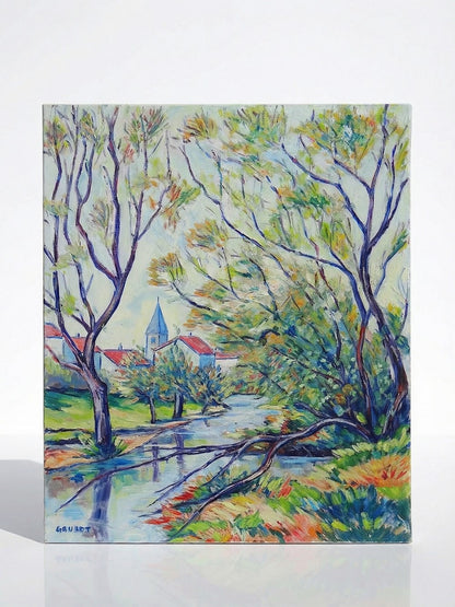 Vintage Gemälde Dorflandschaft von Jacques Gaulot mehrfarbig grün blau braun orange