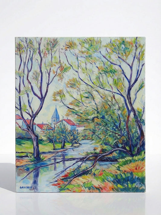 Vintage Gemälde Dorflandschaft von Jacques Gaulot mehrfarbig grün blau braun orange