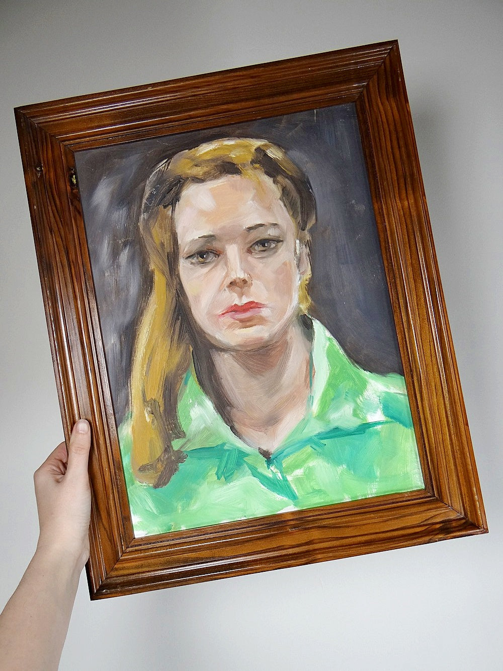 Vintage Porträt "The Woman in Green" Ölbild auf Leinwandkarton im Holzrahmen grün