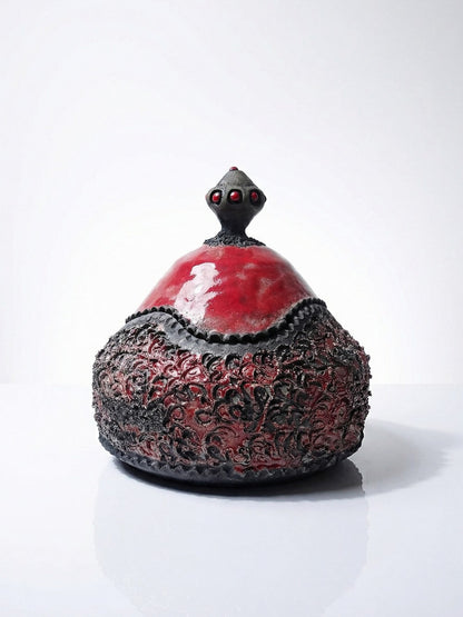 Vintage Schmuckdose RotKunst raku rot grau 2000er
