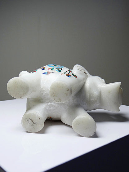 Vintage Deko Elefant aus Alabaster mit Steineinlagen, indisches Kunsthandwerk, Weiß