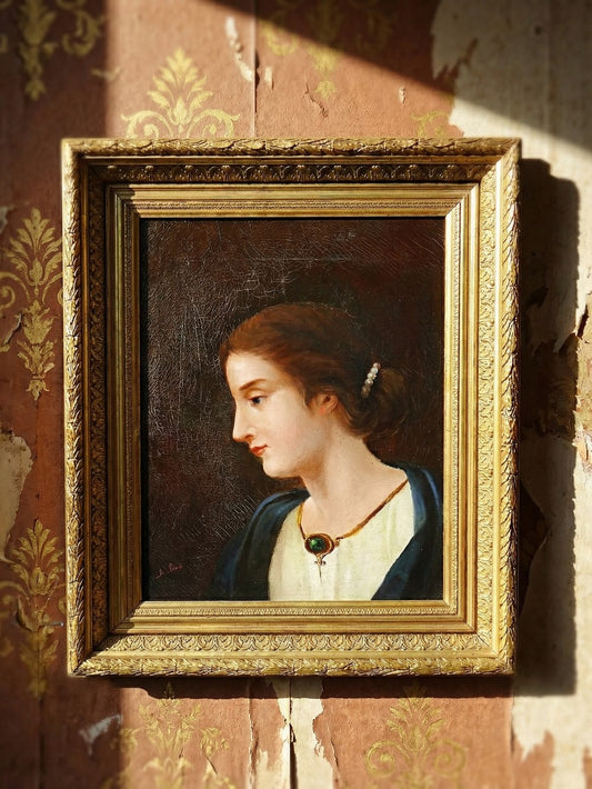 Vintage Porträt „Junge Frau im Profil“ von A. Piard GrünDekoration