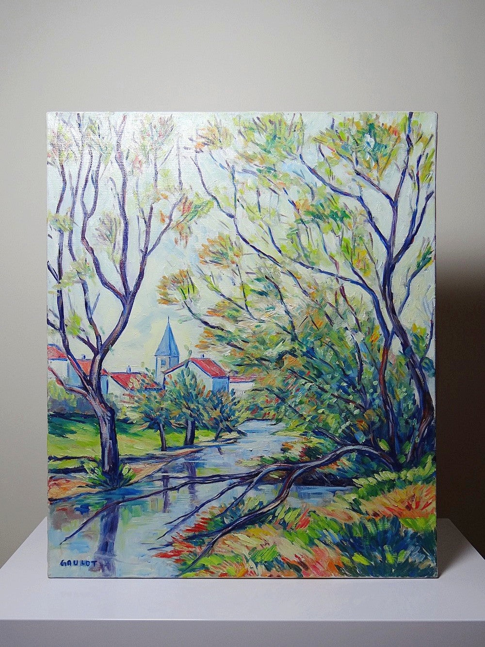 Vintage Gemälde Dorflandschaft von Jacques Gaulot mehrfarbig grün blau braun orange