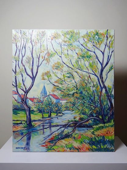 Vintage Gemälde Dorflandschaft von Jacques Gaulot mehrfarbig grün blau braun orange