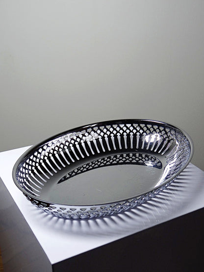 Vintage Brotkorb oval aus Metall versilbert, durchbrochen, 1950er-1970er