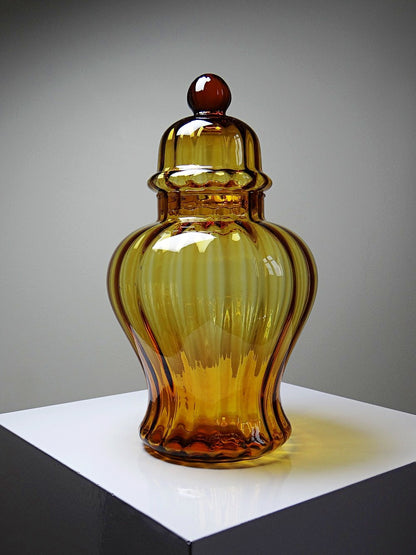 Vintage Bonbonniere aus mundgeblasenem Empoli-Glas, bernsteinfarben, Italien