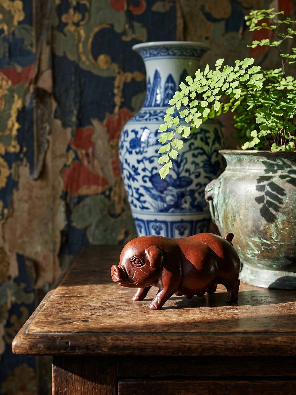 Vintage Schwein Skulptur aus gebeiztem Holz, asiatische Handwerkskunst