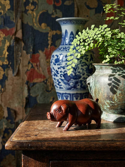 Vintage Schwein Skulptur aus gebeiztem Holz, asiatische Handwerkskunst
