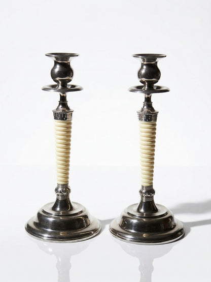 Vintage Kerzenleuchter Set von 2 silberfarben, elfenbeinfarben, Metall, Kunststoff