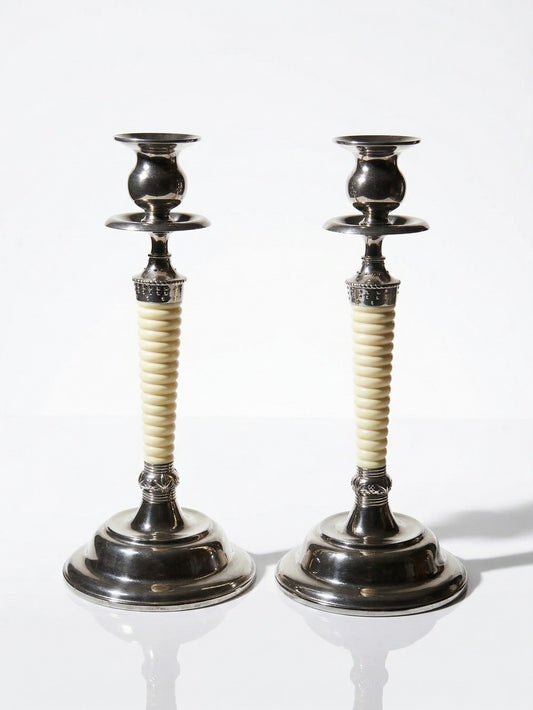 Vintage Kerzenleuchter Set von 2 silberfarben, elfenbeinfarben, Metall, Kunststoff