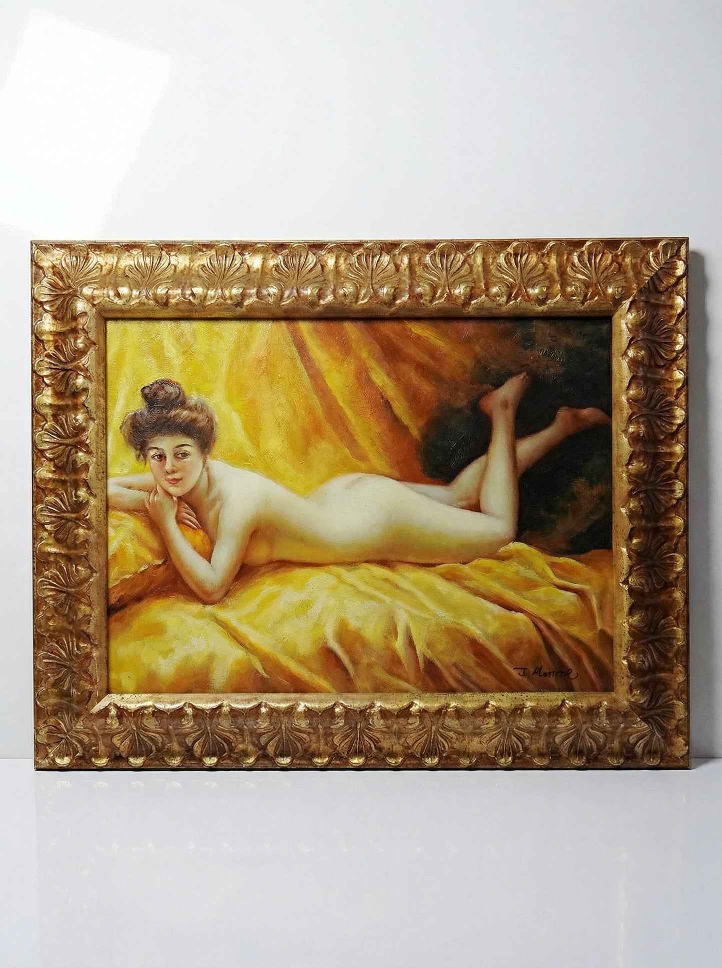 Vintage Gemälde "Nu au coussin" "La paresseuse" von J.Morrie/J.Marrie für Morillo Gelb/Braun