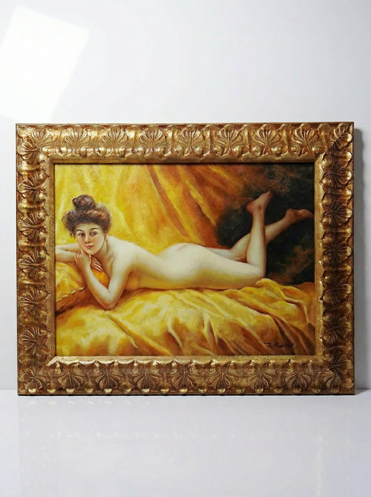 Vintage Gemälde "Nu au coussin" "La paresseuse" von J.Morrie/J.Marrie für Morillo Gelb/Braun