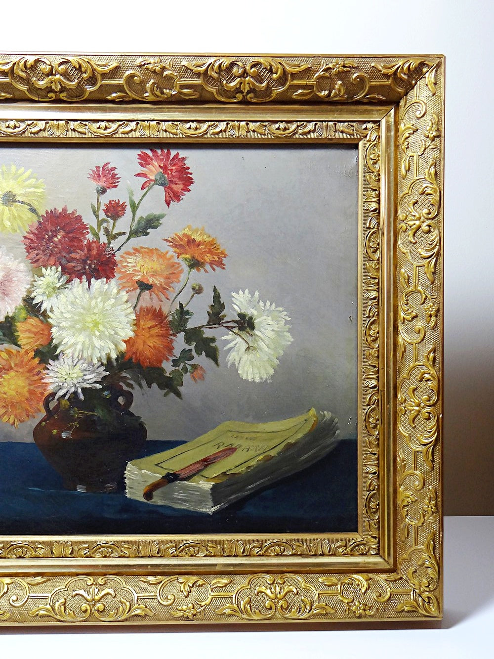 Vintage Gemälde Stillleben mit Chrysanthemen von L. Porte für BraunDekoration signiert 1888