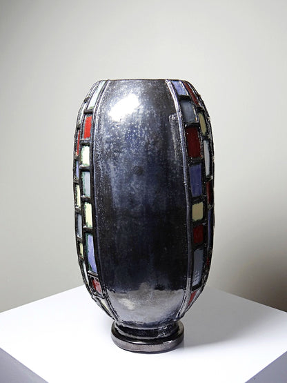 Vintage modernistische Vase aus schwarz glasierter Kunstkeramik
