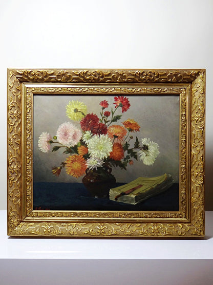 Vintage Gemälde Stillleben mit Chrysanthemen von L. Porte für BraunDekoration signiert 1888