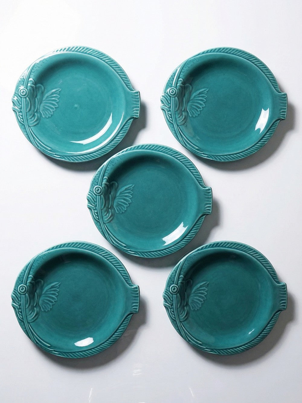 Vintage Teller Set von 5 mit Fischdekor türkis 1960er-70er Jahre