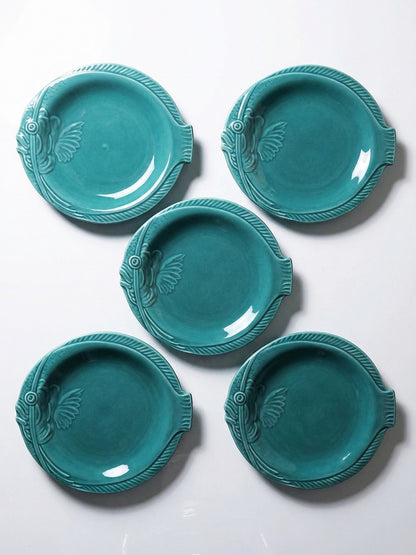 Vintage Teller Set von 5 mit Fischdekor türkis 1960er-70er Jahre