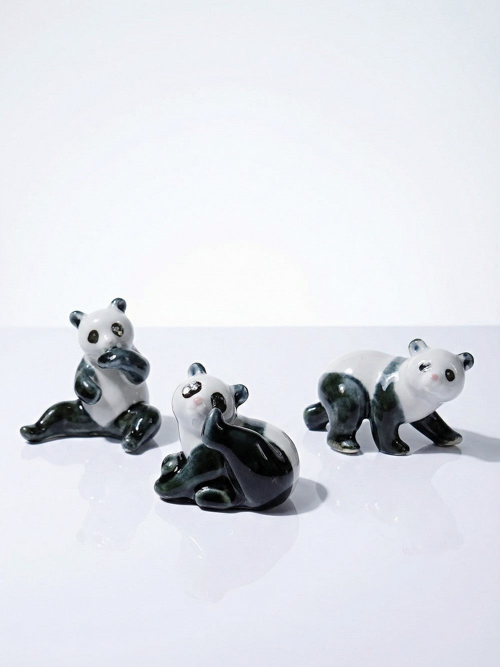 Vintage Porzellan Panda Figurine Set von 3 China Stempel handbemalt 1980er-90er