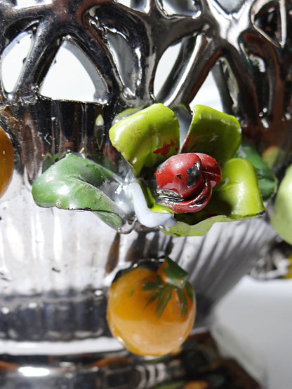Vintage Servierschale aus silberglasierter Porzellan mit Durchbruchdekor Früchte Blumen