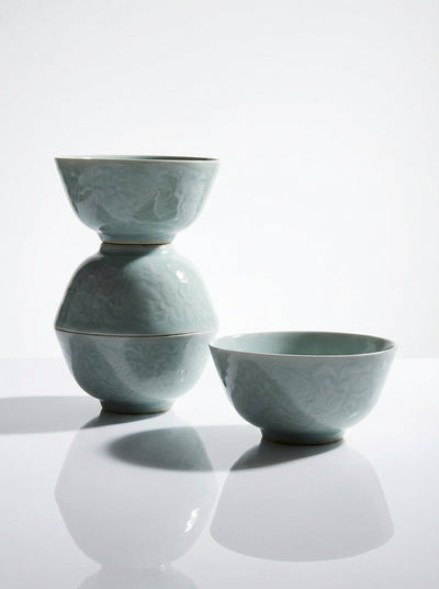Vintage Set of 4 Chinese Celadon Rice Bowls with Koi Reliefs, 70s-80s