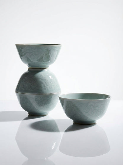Vintage Schüssel Set von 4 chinesische Reisschüssel Celadon mit Koi-Reliefen 70er-80er Jahre