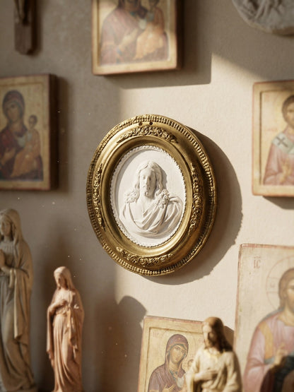 Vintage Wandmedaillon Christus Religiös Weiß Gold Rosa Plaster Dekoration