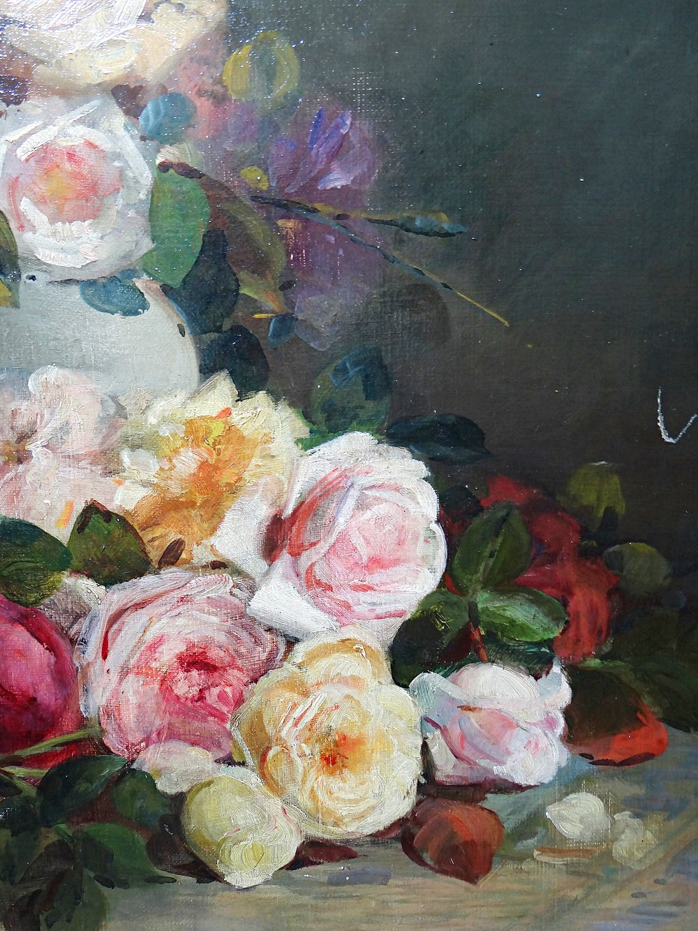 Vintage Gemälde Bouquet of Roses signiert Saubagnol französisch um 1890-1910