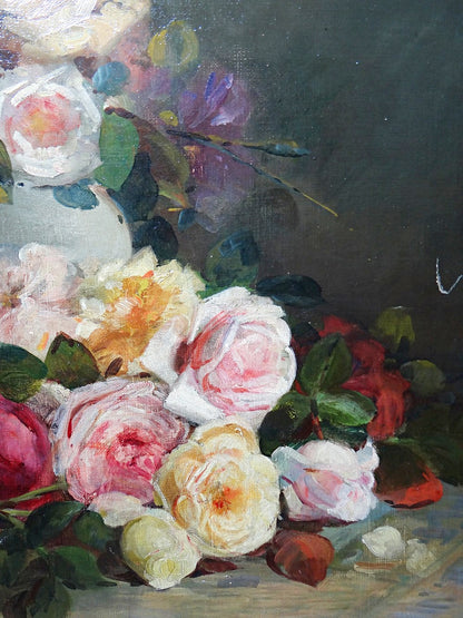 Vintage Gemälde Bouquet of Roses signiert Saubagnol französisch um 1890-1910