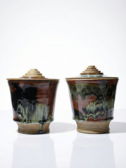 Vintage Servieraccessoire Set von 2 Steinguttopf von Studio Poterie braun-grün-schwarz-kupferfarben