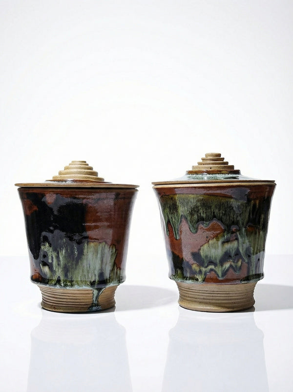 Vintage Servieraccessoire Set von 2 Steinguttopf von Studio Poterie braun-grün-schwarz-kupferfarben