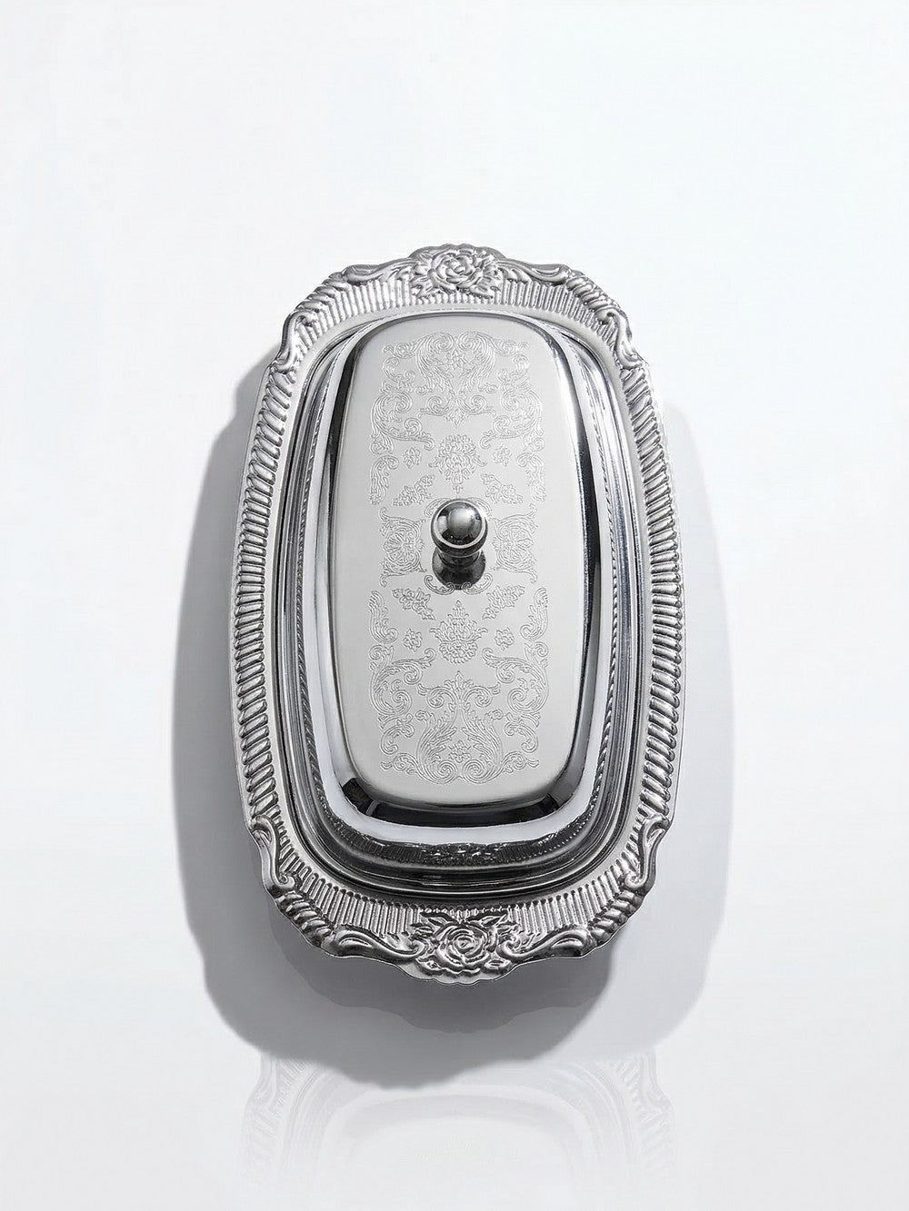 Vintage Butterdose silberfarben aus Edelstahl und Metall, Rococo-Stil, 1960-1980er