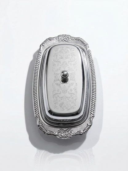 Vintage Butterdose silberfarben aus Edelstahl und Metall, Rococo-Stil, 1960-1980er