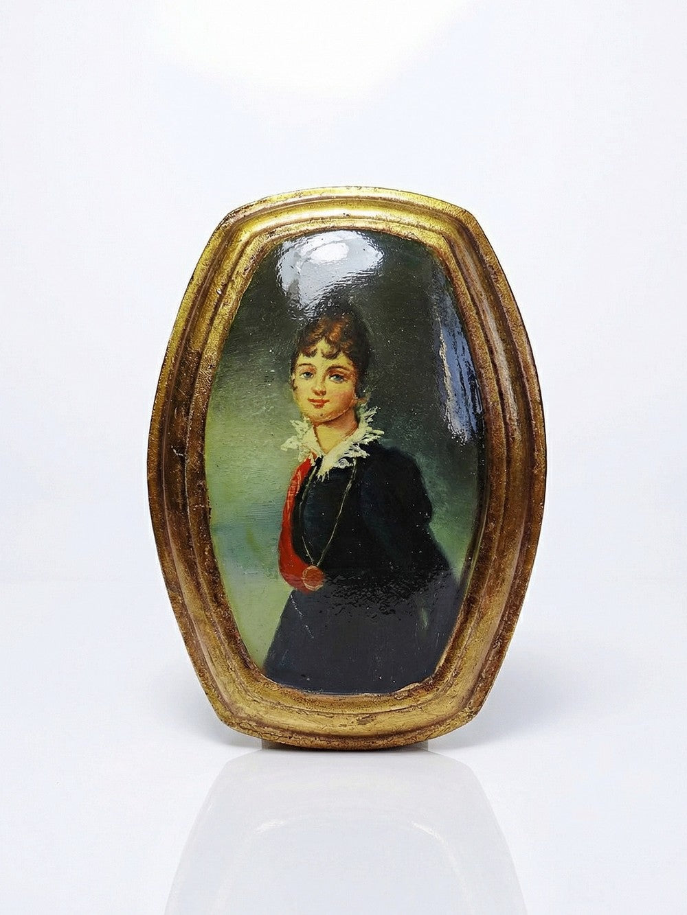 Vintage Dekoration Medaillon Porträt Venedig Öl auf gewölbtem Holz schwarz