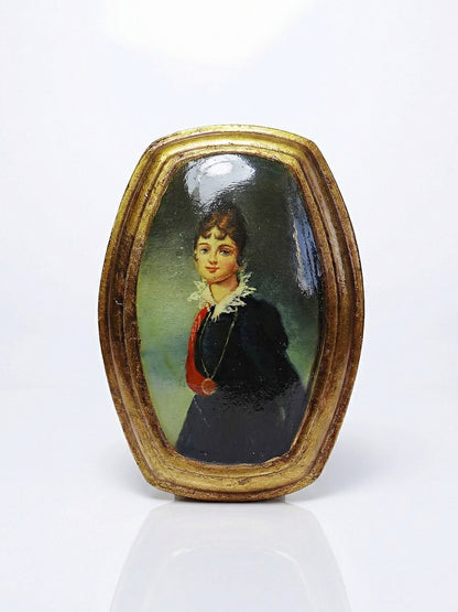 Vintage Dekoration Medaillon Porträt Venedig Öl auf gewölbtem Holz schwarz