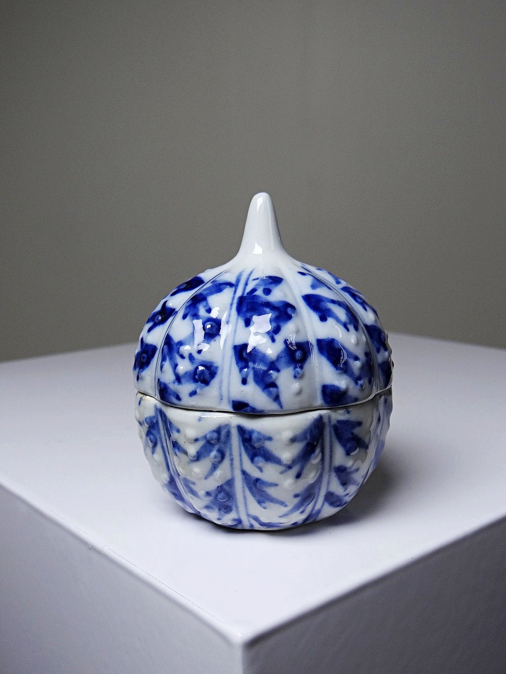 Vintage Schmuckdose Kürbisform Porzellan blau-weiß handbemalt Chinesisch