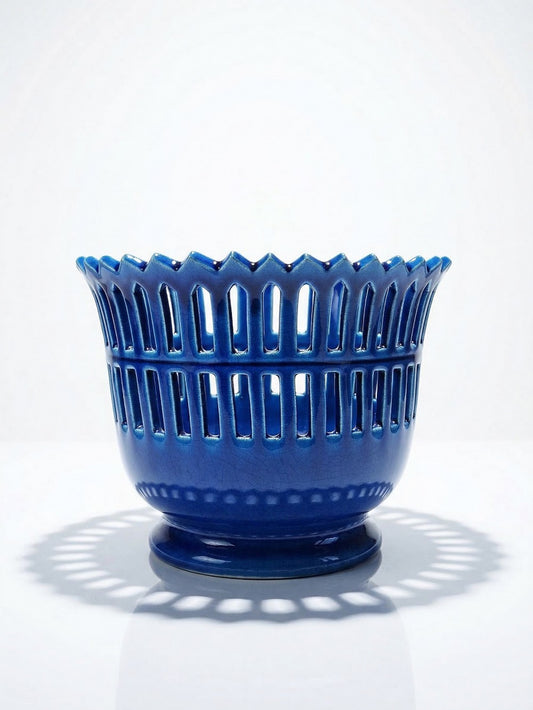 Vintage Cachepot von Moreau-Bourg-Joly für Faïenceries Moreau-Bourg-Joly blau paon