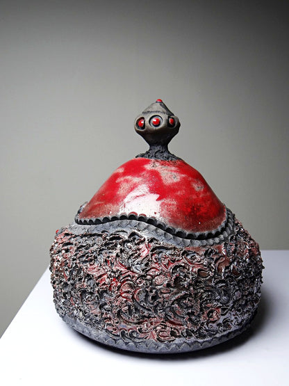 Vintage Schmuckdose RotKunst raku rot grau 2000er