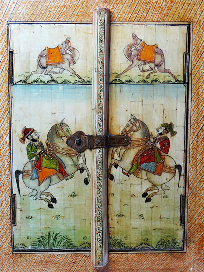 Vintage Spiegel Fenster Rajasthan handbemalter Knochen mit Reiterdekor, antik frühes 20. Jh.