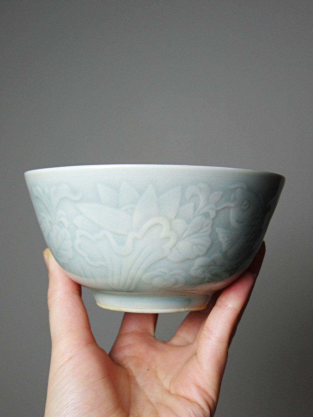 Vintage Schüssel Set von 4 chinesische Reisschüssel Celadon mit Koi-Reliefen 70er-80er Jahre