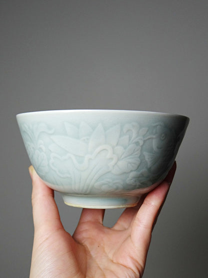 Vintage Schüssel Set von 4 chinesische Reisschüssel Celadon mit Koi-Reliefen 70er-80er Jahre