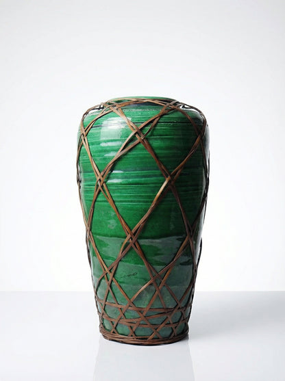 Vintage Vase Awaji-yaki mit Bambusflechtung Japan 1900-1930