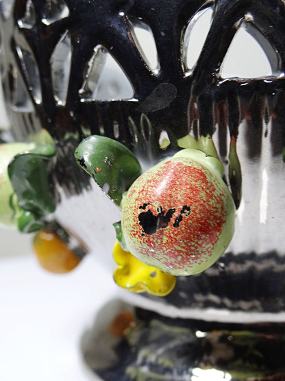 Vintage Servierschale aus silberglasierter Porzellan mit Durchbruchdekor Früchte Blumen
