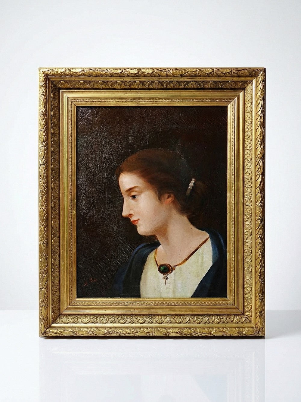 Vintage Porträt „Junge Frau im Profil“ von A. Piard GrünDekoration