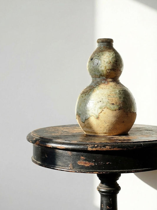 Vintage Servieraccessoire Sakeflasche japanische Iga-Keramik doppelt, orange, blassgrün, graugrün